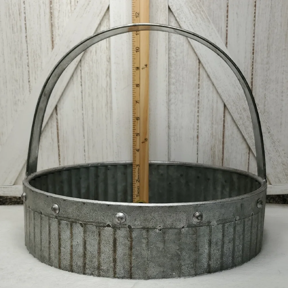 Galvanized Metal Round Basket with Handle Farmhouse Country Decor